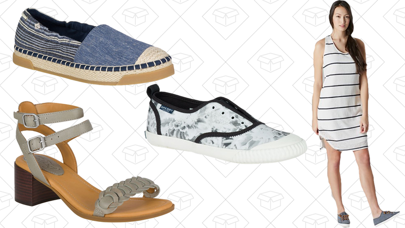 Laurel Reef Espadrille, $46 | Gold Cup Vivianne Sandal, $78 | Paul Sperry Sayel Clew Sneaker, $42 | Racerback Slub Tank Dress, $45